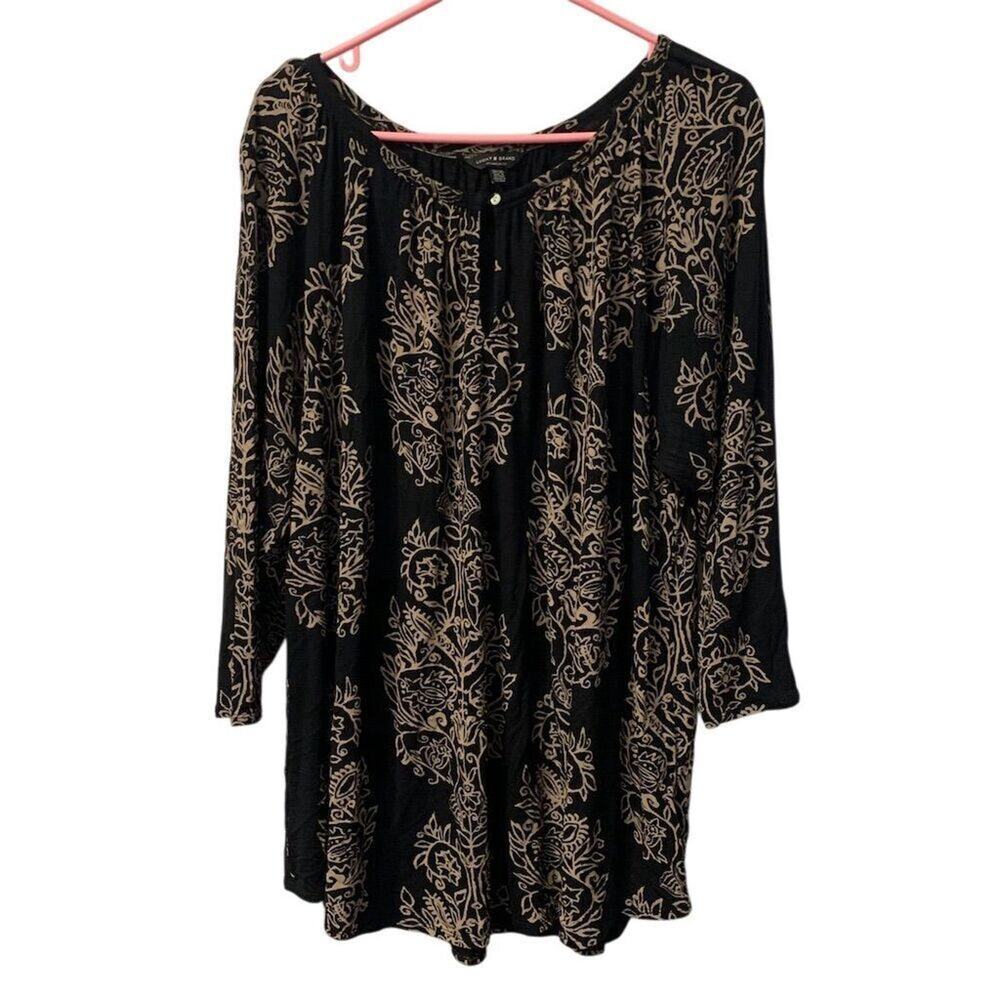 Lucky‎ Brand Women's 3X Blue Tan Swirl Pattern Blouse Casual 3/4 Sleeve